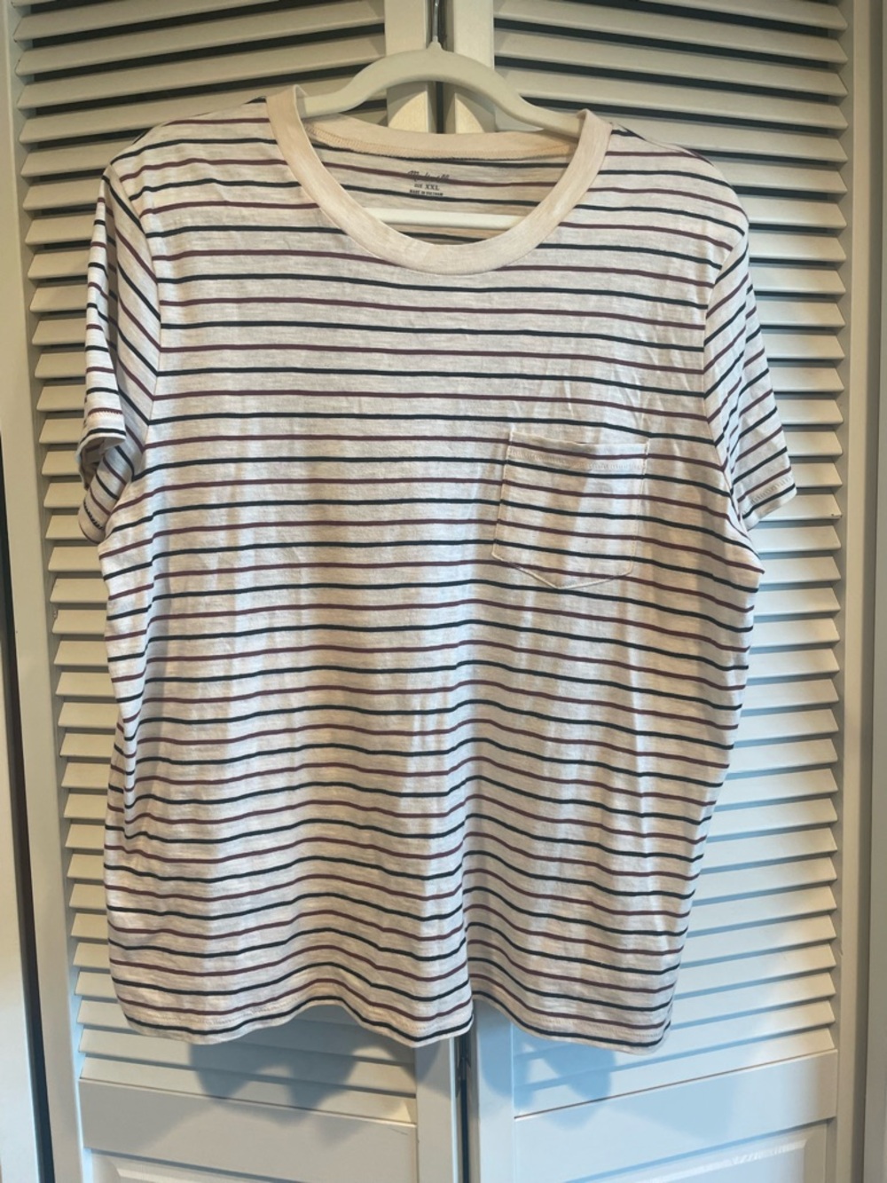 Madewell White Short-Sleeve Tee with Black and Maroon Stripes